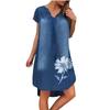 Fashion Women's Casual Printed V-Neck Short Sleeve Knee Length Denim Dress