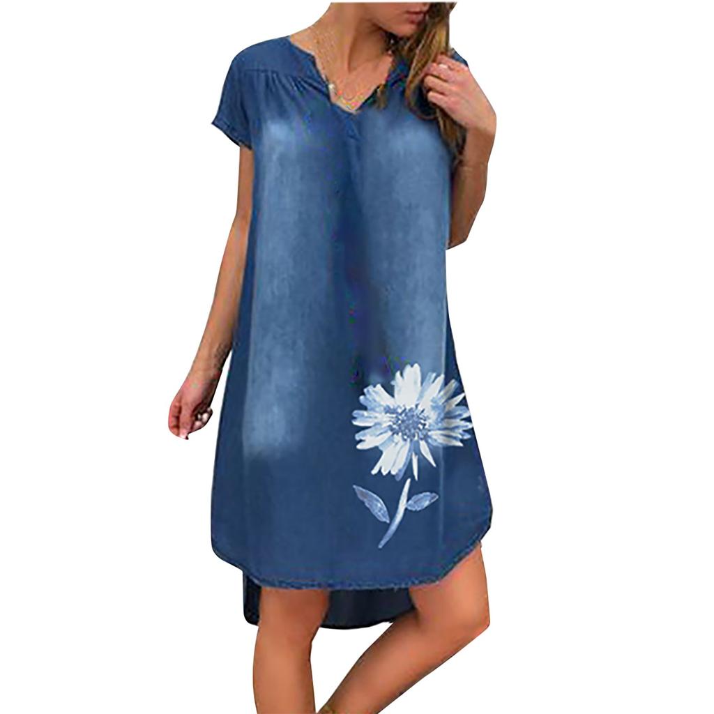 Fashion Women's Casual Printed V-Neck Short Sleeve Knee Length Denim Dress