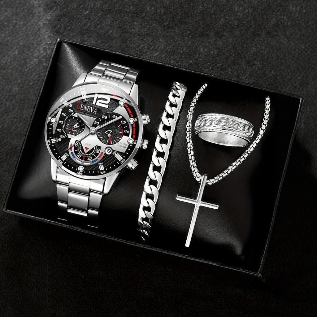 Fashion Men'S Steel Belt Casual Business Calendar Quartz Watch Ring Cross Necklace Bracelet Set