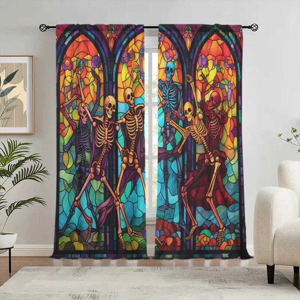 2pcs 3D Stained Glass Skeleton Man Landscape Curtain - Add a Touch of Halloween to Your Home Decor
