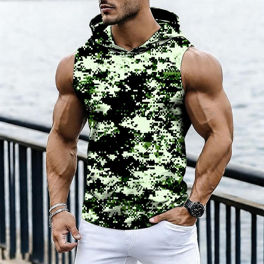 Men's Casual Fashion Printed Sleeveless Hooded Tops | Lightweight Summer Hooded Tank Tops
