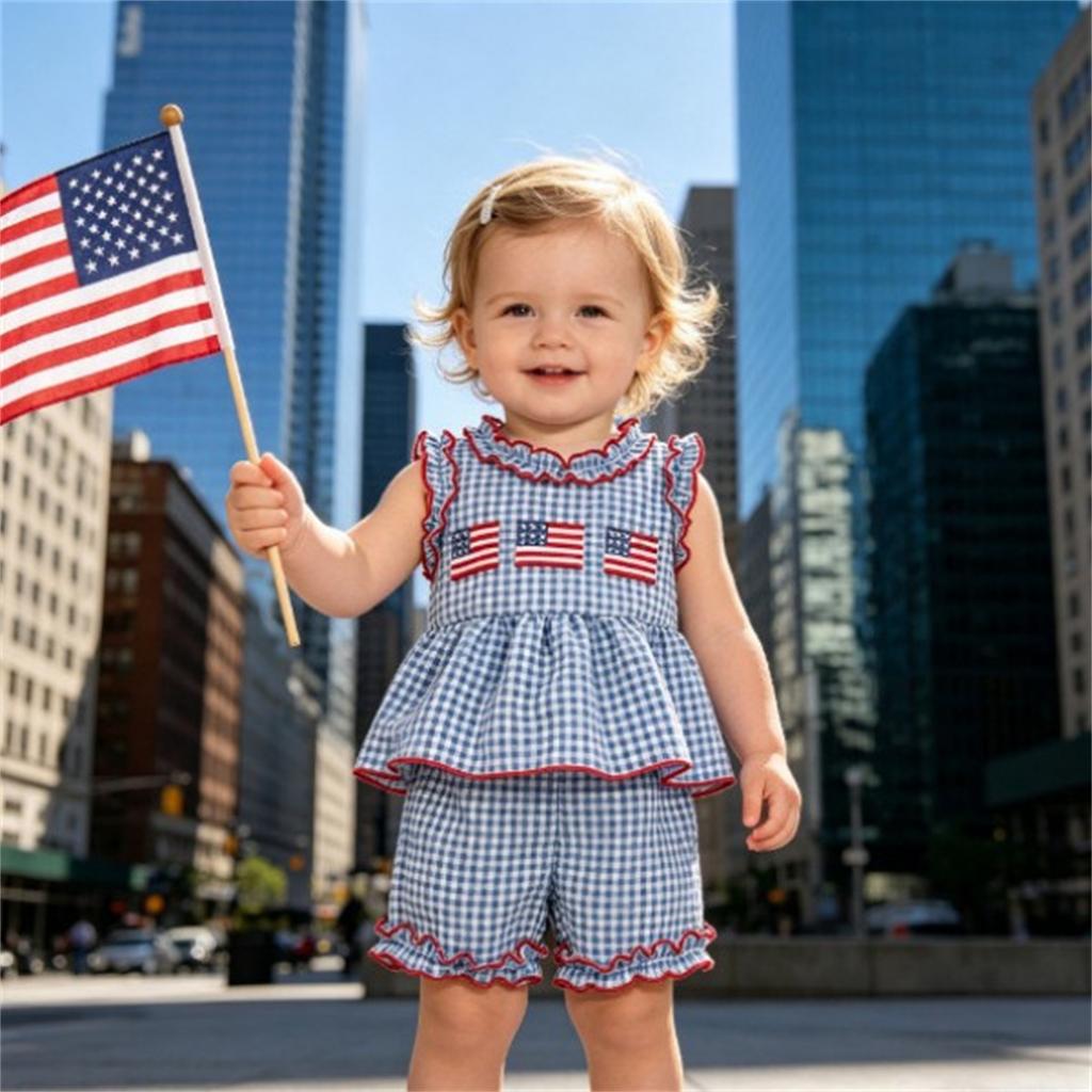 Toddler Girls Sleeveless Top and Shorts Set Gingham Pattern Embroidered Flag Detail Summer Outfit Lightweight Breathable Fabric