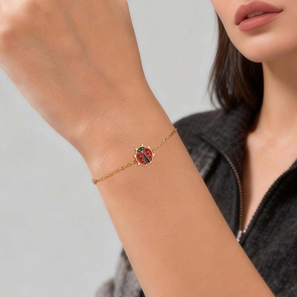 New Fashion Enamel Ladybird Charm Bracelet Women, Stainless Steel Thin Link Handmade Jewelry