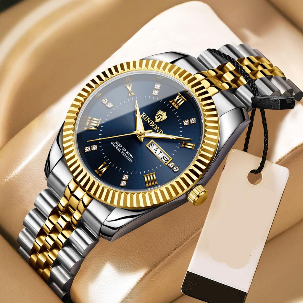 Binbond B0756 0756 Men Quartz Movement Watch Stainless Steel Band Auto Date Waterproof Luminous Business Casual Male Wristwatch