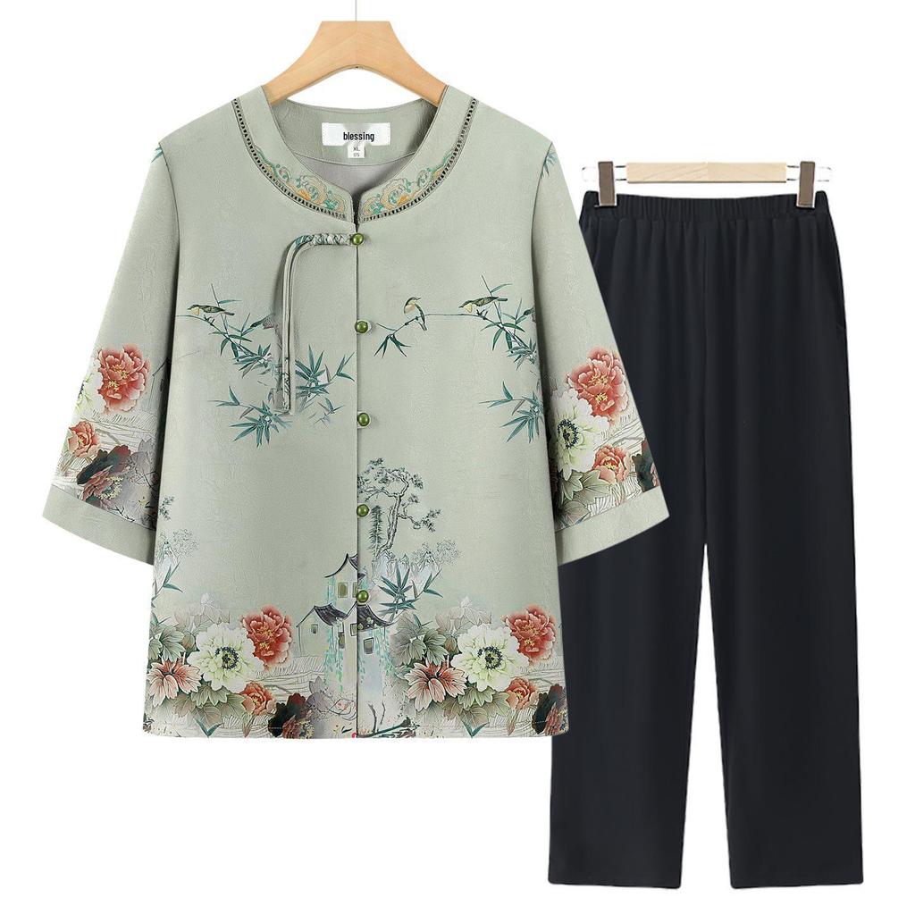 Stylish Summer Set for Women: Chinese-Inspired Short-Sleeve Top and Pants for Middle-Aged and Elderly Ladies