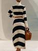Elegant Navy Blue & White Striped Long Sleeve Dress