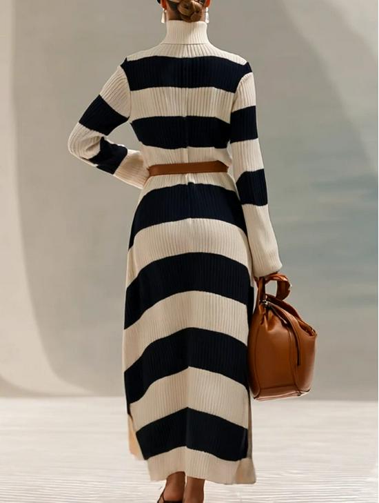 Elegant Navy Blue & White Striped Long Sleeve Dress