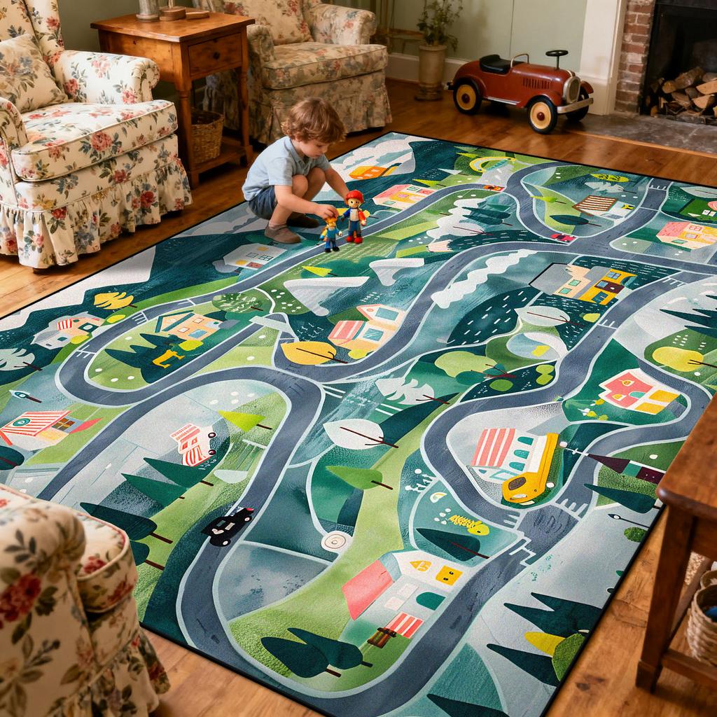 Children Amusement Park Living Room Carpet Thickened Short Velvet Cartoon Road Large Rugs Decor Bedroom Baby Crawling Mat Floor