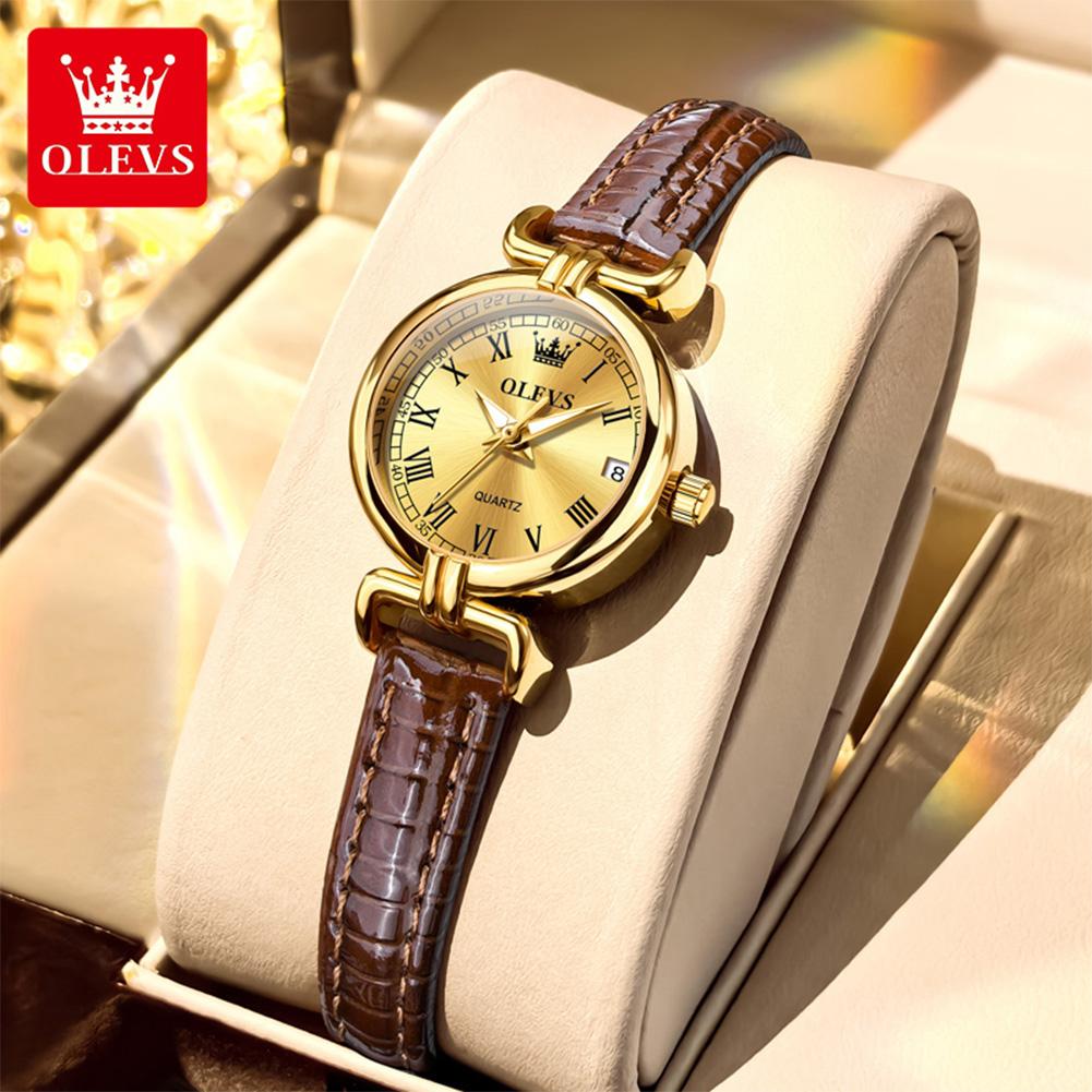 OLEVS Luxury Original Woman Round Watch Brown Small Leather Strap 3ATM Waterproof Date Elegant Quartz Ladies Wristwatch