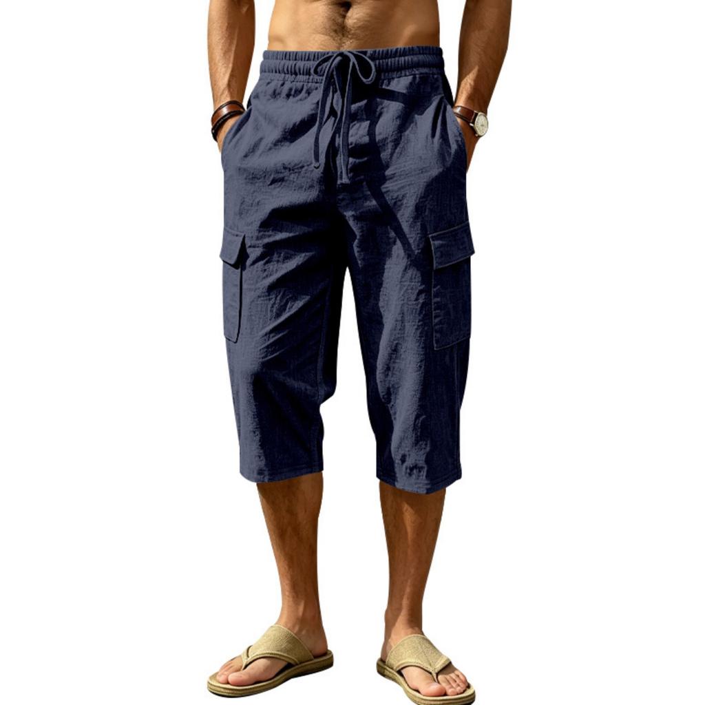 Men Linen Casual Outdoor Cargo Seven Shorts Multi Pocket Loose Fit Lightweight Drawstring Waist