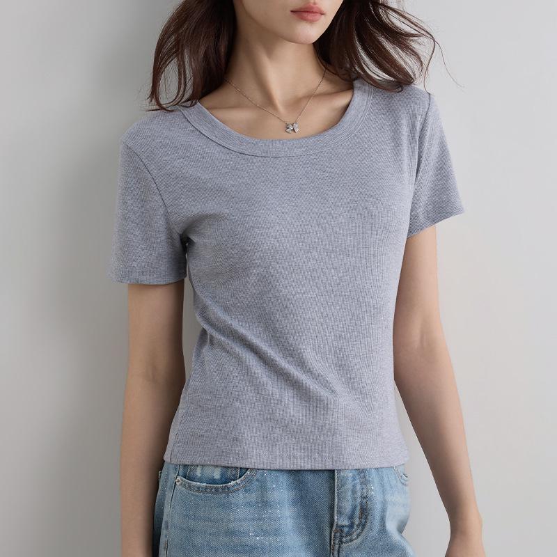 Damen Sommer 2025 Schlank geschnittenes geripptes U-Ausschnitt T-Shirt - Vielseitig Große Größen, Hohe Elastizität, Kurzarm Basis-Top