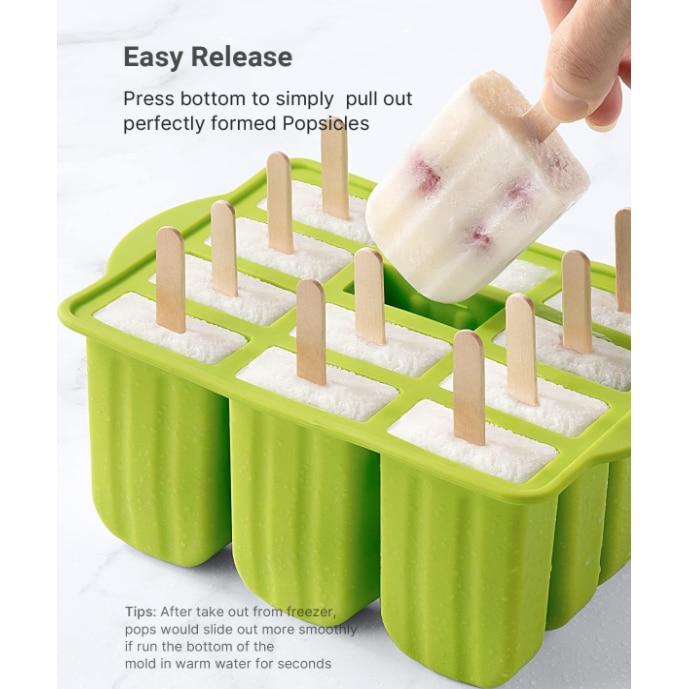 Silicon Ice Pop Molds, Klenzo 12-Cavity Ice Cream Mold, Reusable Popsicle Maker, BPA-Free, Green Dental Floss Shape
