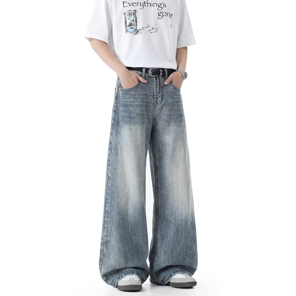 Washed and Made Old Bamboo Scimitar Jeans Men's and Women's Loose Straight Versatile Pants Drape Wide-leg Pants