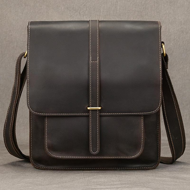 Men'S Retro Leather Shoulder Bag Crazy Horse Leather Flip Messenger Bag A4 Work Briefcase Men'S Bag