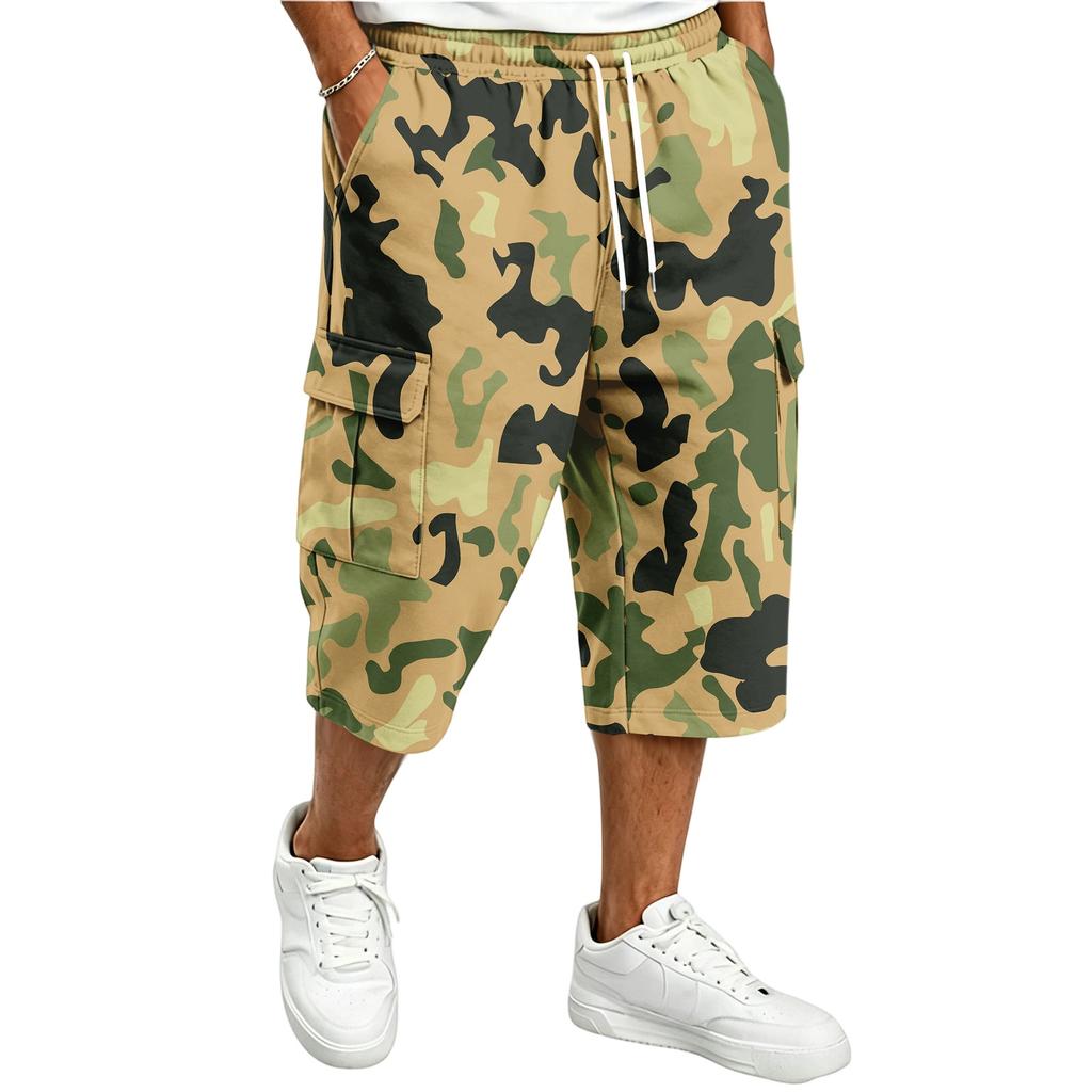 Men's Casual Drawstring Cargo Shorts with Camouflage Print Knee Length for Outdoor Everyday Wear