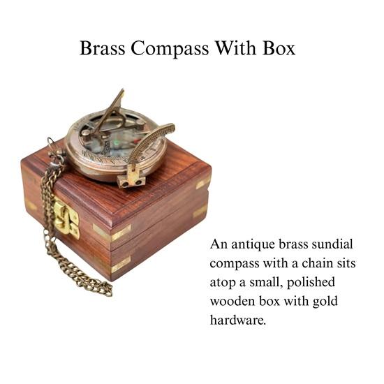 Messing Sonnenuhr Kompass mit Holzbox 7 cm Kompass für Männer Sohn Ehemann Freund Jubiläumsgeschenk für Ihn Hochzeitsgeschenk