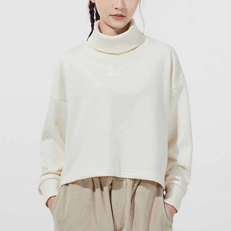 Puma Classics Logo Embroidered Vintage High Neck Pullover Sweatshirt Women Tops Ivory 534145-73