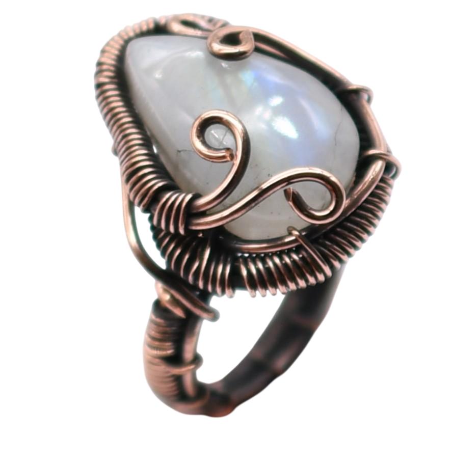 Moonstone Natural Gemstone Copper Wired Ring US Size-7 R 4717