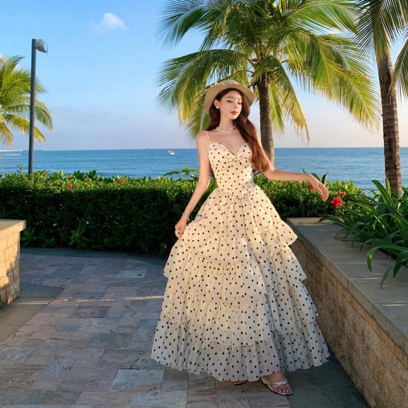 Seaside Vacation Beach Dress Polka Dot Suspender Dress Women's Waist and Thin French Gentle Long Dress