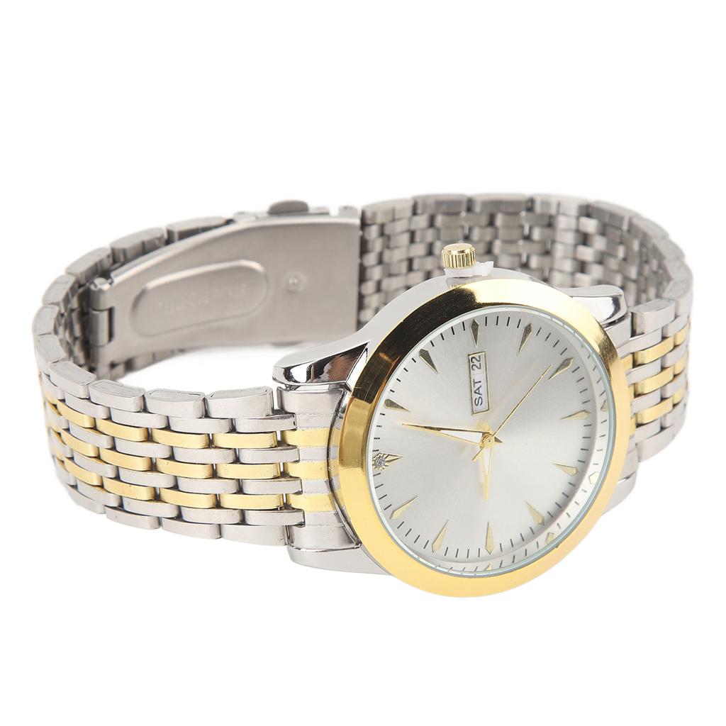 Quartz Men Watch Commercial Dual Date Stylish Classic Quartz Stainless Steel Dress Watch Gold and