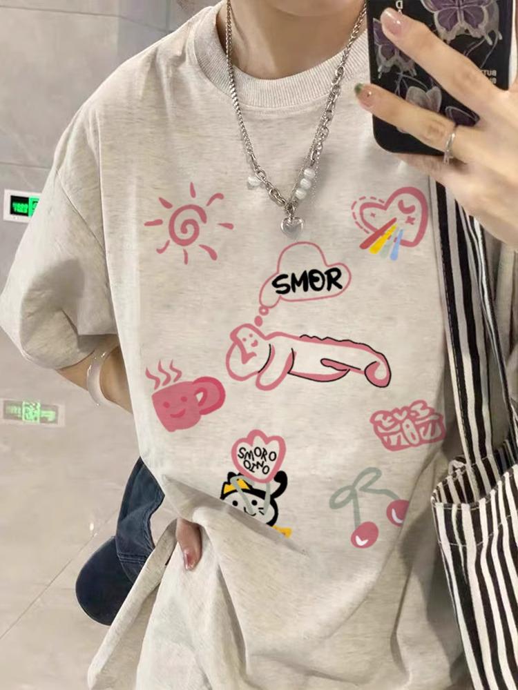Women's Loose-Fit Cartoon Print Pure Cotton T-Shirt, Chic Hong Kong Style, Trendy American Brand, Plus Size Available