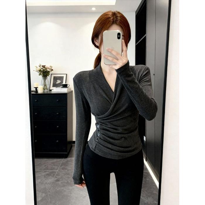 Threaded Plush Cross V-Neck Puff Sleeve Long-Sleeve Slim Fit Top - Dark Gray Extra Large темно-серого