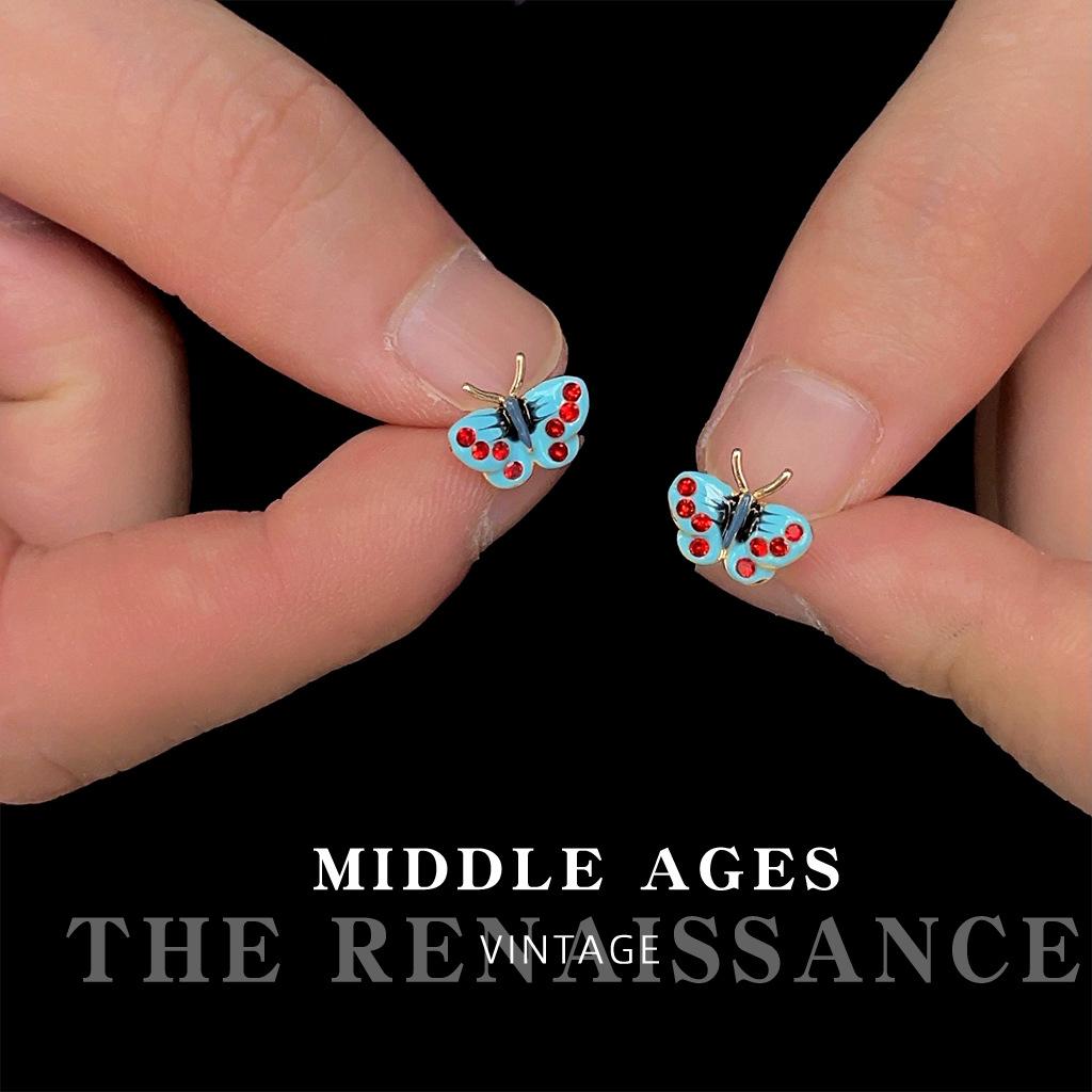 Drip oil enamel zircon butterfly stud earrings retro medieval oil painting literary earrings earrings