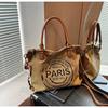 Grote Retro Canvas Draagtas - Verstelbare Schouderband Vintage Parijs Stempelprint - Stijlvolle Crossbody Tas voor Dames