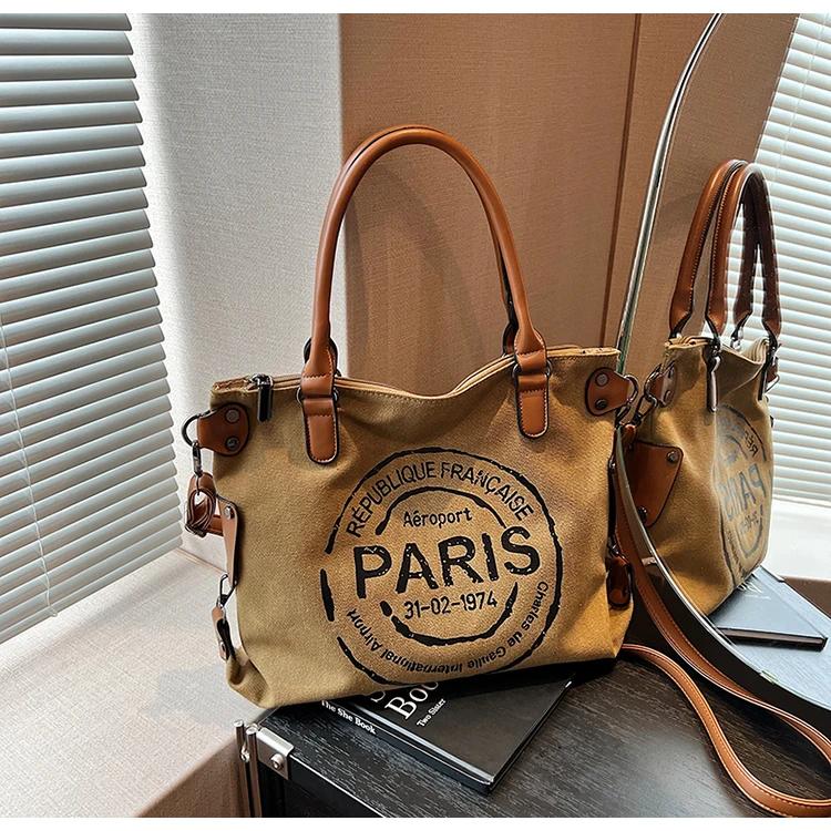 Grote Retro Canvas Draagtas - Verstelbare Schouderband Vintage Parijs Stempelprint - Stijlvolle Crossbody Tas voor Dames