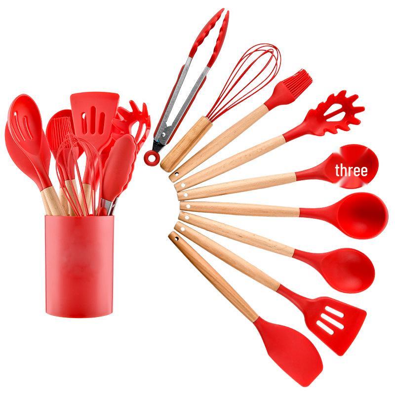 12-Piece Silicone Kitchenware Set with Wooden Handles, Non-Stick, High-Temperature Resistant Cookware & Spatula with Storage Bucket 12-Piece Set