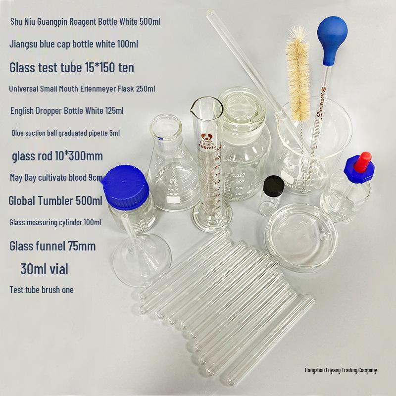 Zestaw szklanej kolby stożkowej z gumową główką, zlewką, zakraplaczem i probówką (50 szt)