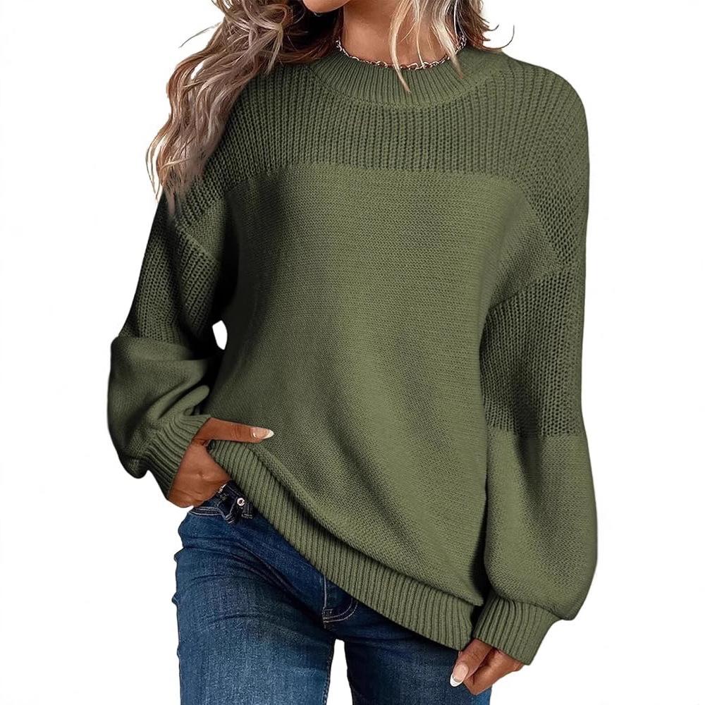 

Women s Loose Knit Sweater with Mesh Sleeves and Ribbed Neckline in Beige, Olive Green, Black, Wine Red, Gray S