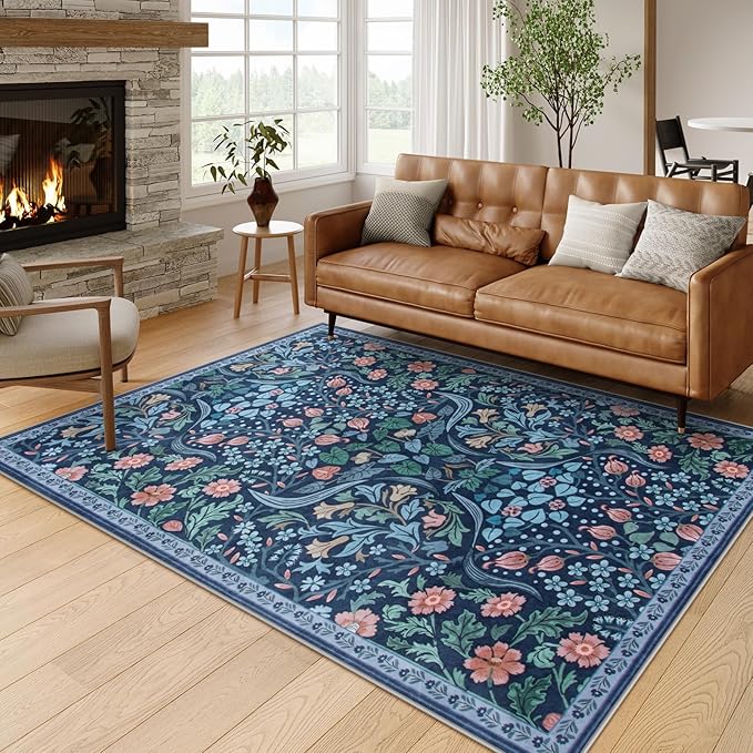Floral Carpet Mat Rug Beige Green Vine Pattern with Colorful Flower Design Soft Floor Mat for Living Room Home Decoration Carpet