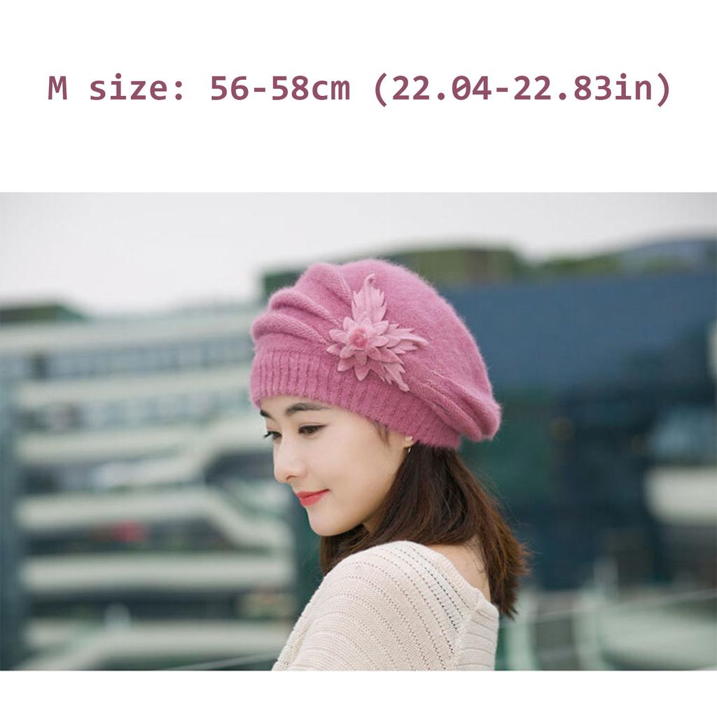 Fashionable Beret Hat With Plush Rabbit Furs Flower Decors Pullover Brimless Hat for Women Office Winter Head Accessory