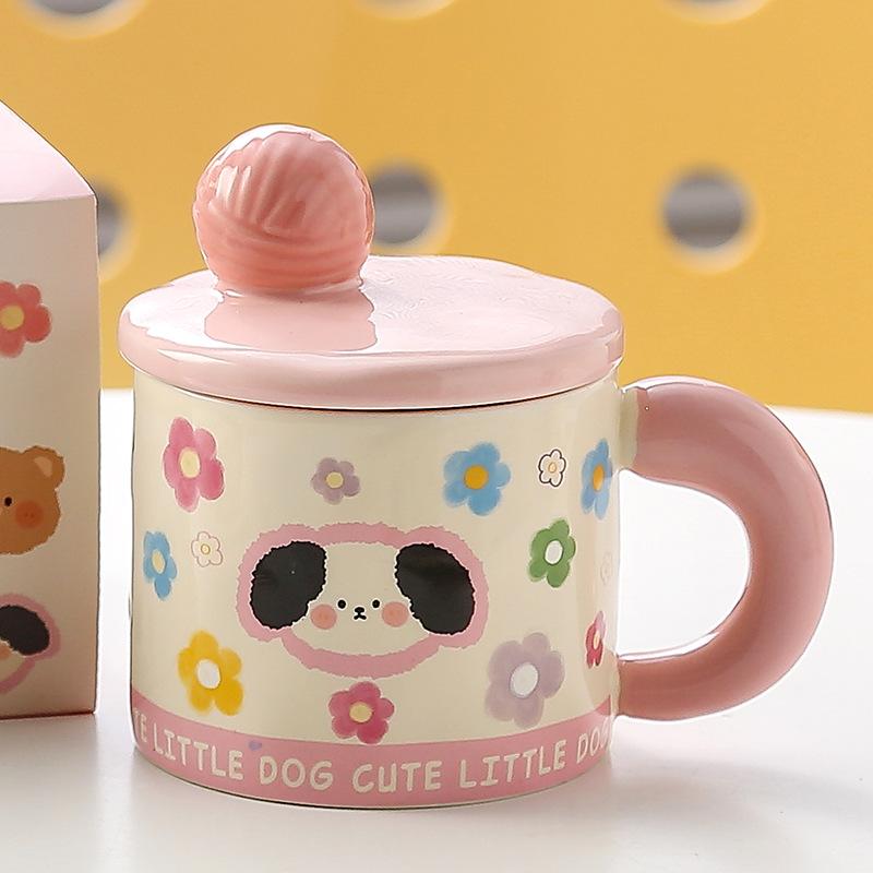 Girls' Heart Cute Cartoon Birthday Ceramic Mug Office High looking Water Cup with Lid Souvenir Gift Animal Cup
