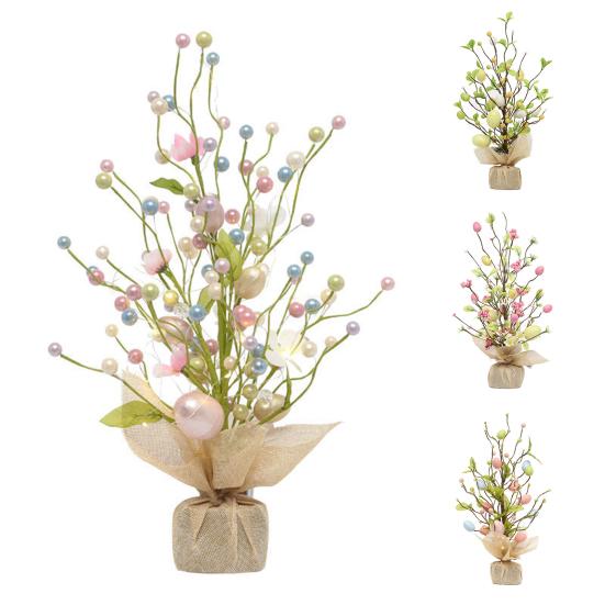 Pre-lit Easter Egg Tree with Burlap Base Battery Powered Easter Birch Tree with LED Light Tabletop Centerpiece for Home Table Spring Party Decoration