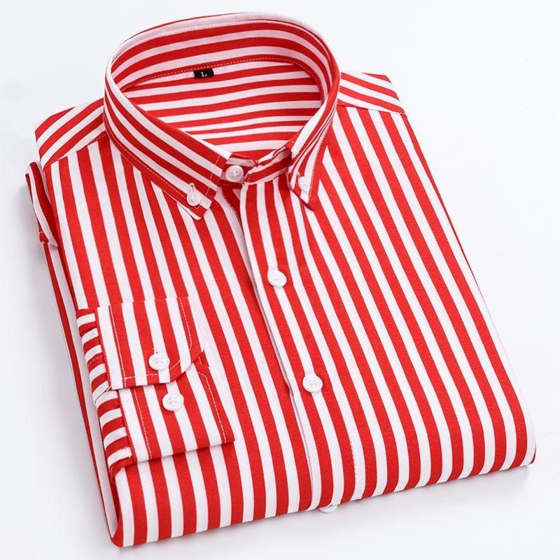 Mens Dress Shirts Striped Long Sleeve Plaid Checked Shirt Smart Casual Business Non-Ironing Korean Slim Fit Formal Blue White