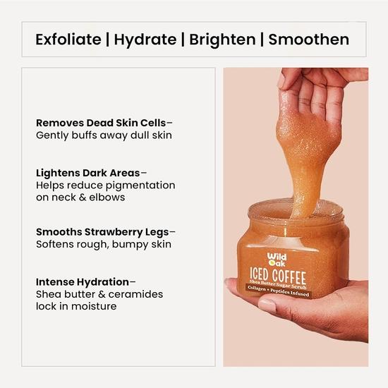 WildOak Iced Coffee Sugar Body Scrub | 300g | De-Tan & Brightens Dark Areas | Smooths Strawberry Legs & Arms | Hydrates & Exfoliates
