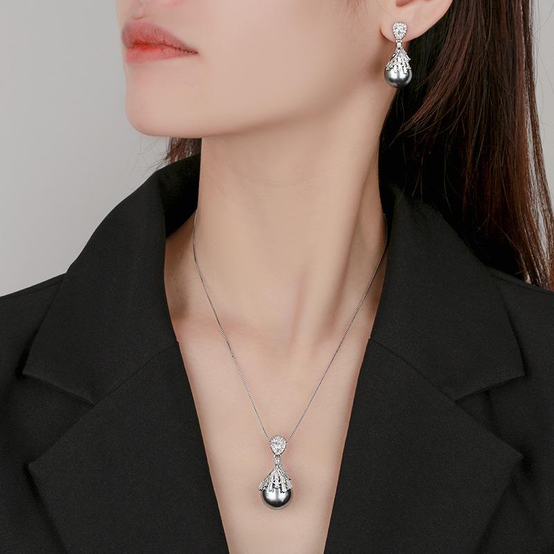 Huabi Jewelry Copper Bottom Gold Plated Inlaid Grey Pearl Premium Set Women 16-14M