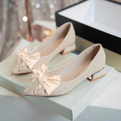 Fashion French-style Single-shoe Women's Thick-heeled Bow Pointed-toe Bridesmaid Shoes, Rhinestone Elegant Wedding Shoes