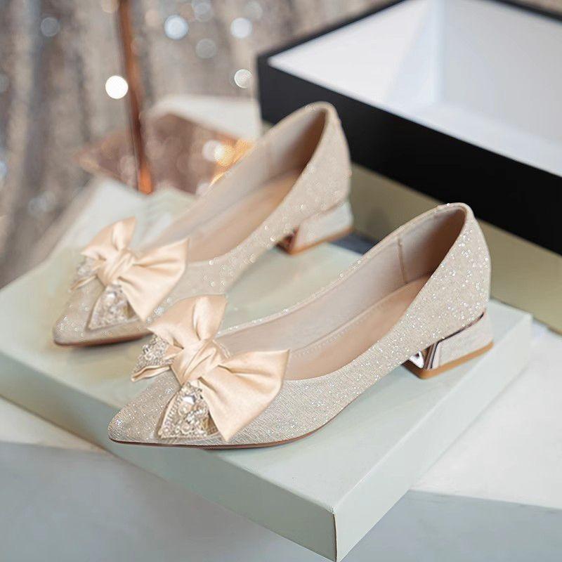 

Модные женские туфли-лодочки во французском стиле на толстом каблуке с бантом и острым носком, элегантные свадебные туфли со стразами 41