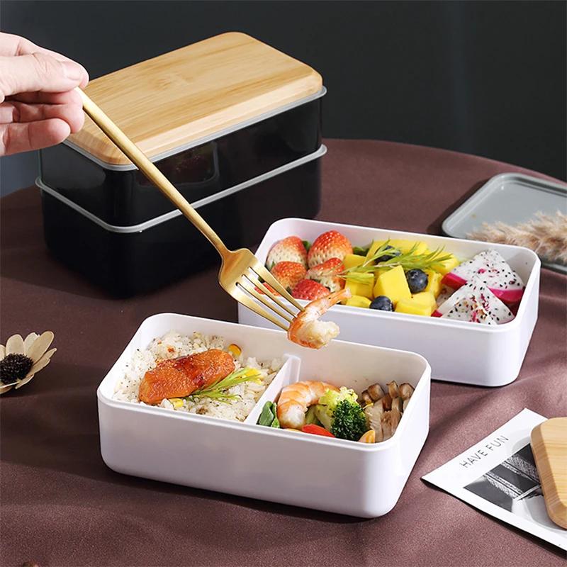 Wood Grain Lunch Box Large Volume Double Layer Sealed Leak-proof Microwave Oven Bento Box Handy Food Storage Container