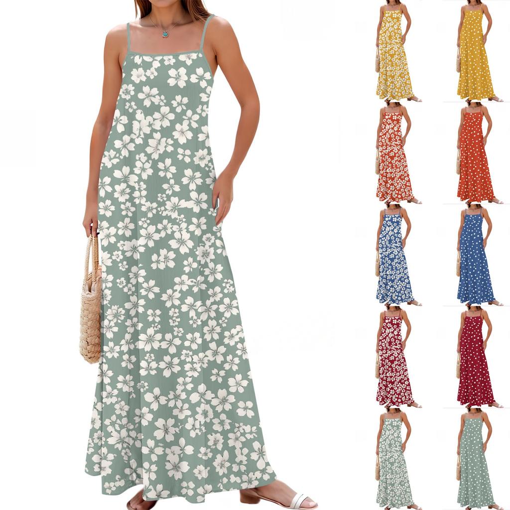 Women's Spring And Summer Casual Fashion Adjustable Suspender Printing Long Dress