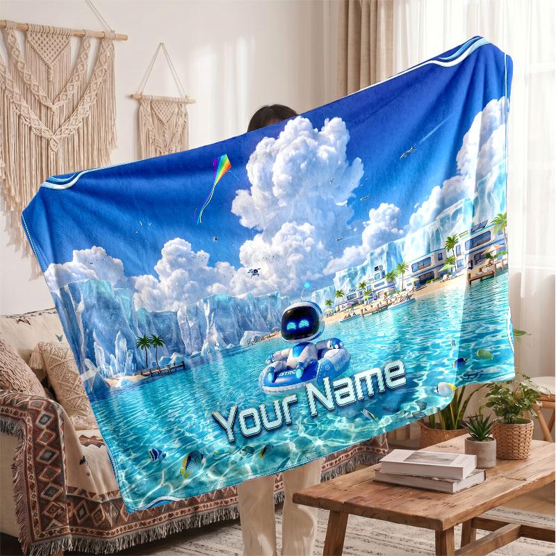 Astro Bot Personalized Flannel Blanket, Custom Printed Text Name, Warm Soft Blanket For Couch Bed