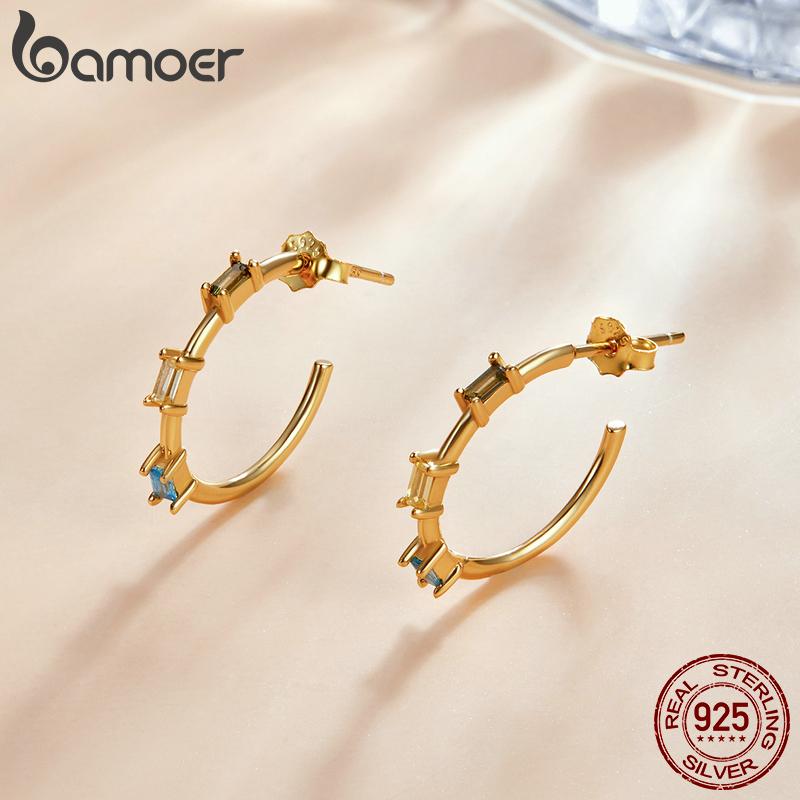 Bamoer 925 Sterling Silver Tricolor Square Zircons Gilded Stud Earring Fashion Jewelry