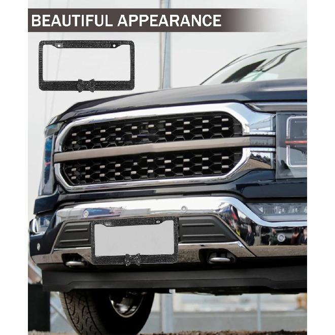 License Plate Frame,Cute Car Accessories Stainless Steel Crystal Car Plate Covers,Shiny Rhinestones Premium License Plate Holder With Mounting