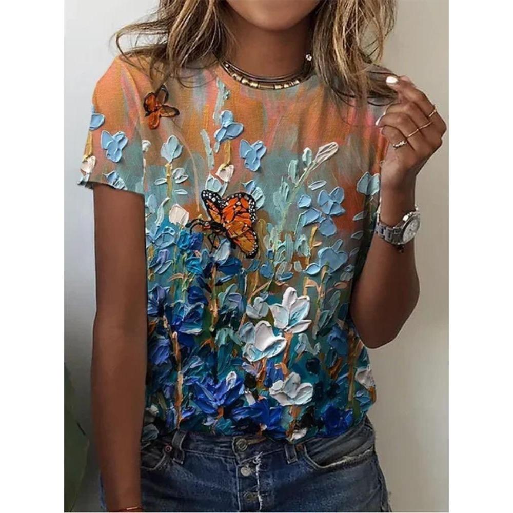 Summer new fashion 3D flower print women's round neck T-shirt short sleeved casual street T-shirt loose clothes women