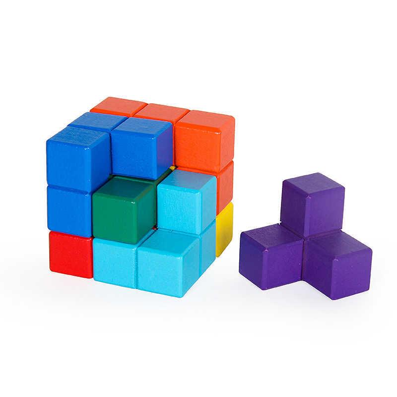 Holz Kinder 3D Tetris Puzzle Würfel - Sieben-teilige Lernbausteine