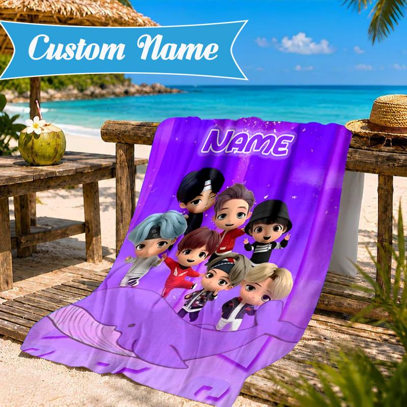Custom Name K-pop BTS Artwork Characters Beach Towel Microfiber Beach Towel, Lightweight and Quick-Dry, for Summer Travel, Swimming Pool Gift