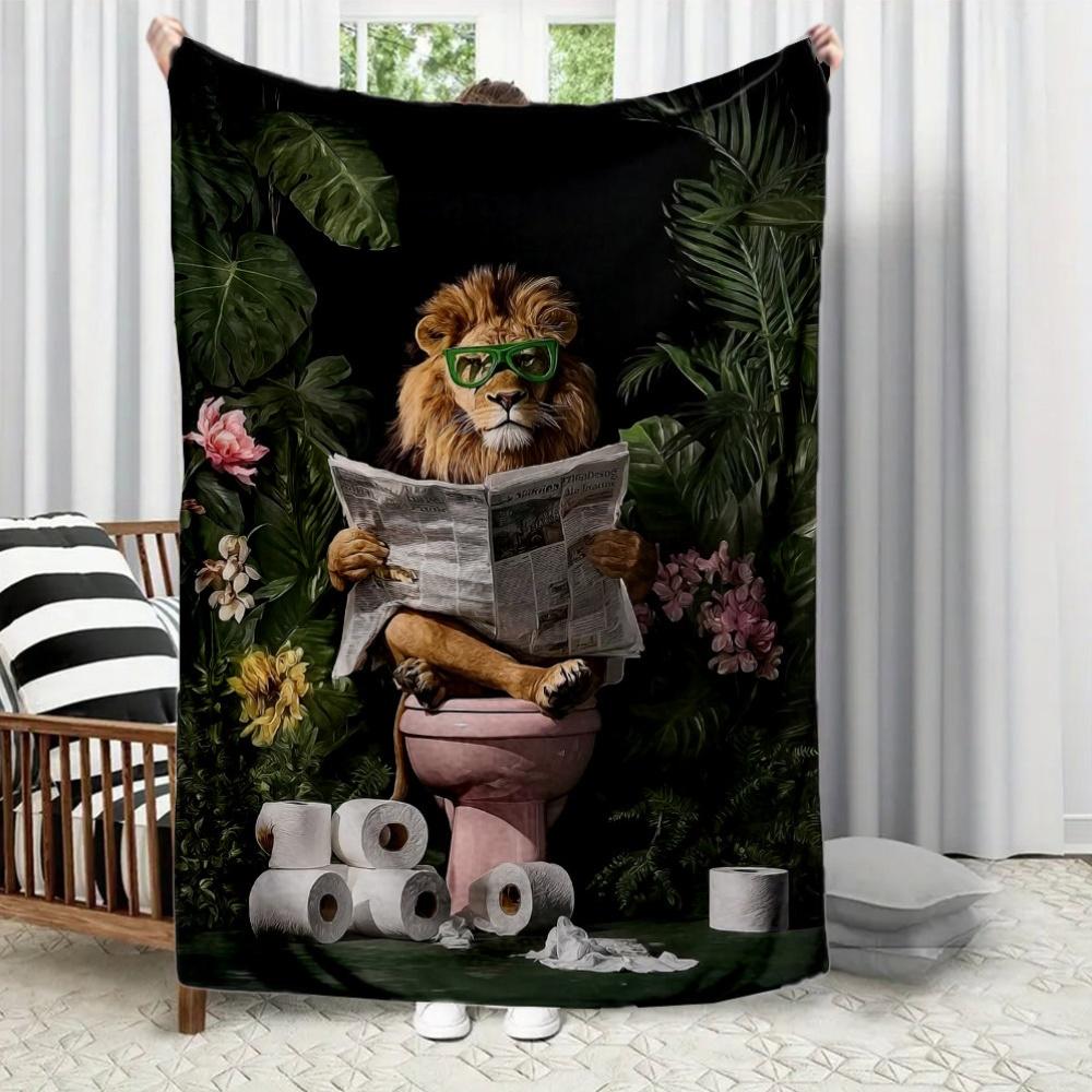 

Reading on the lionshaped toilet seat Flannel printed blanket suitable for all seasons for living room office sofa and travel 75x100cm